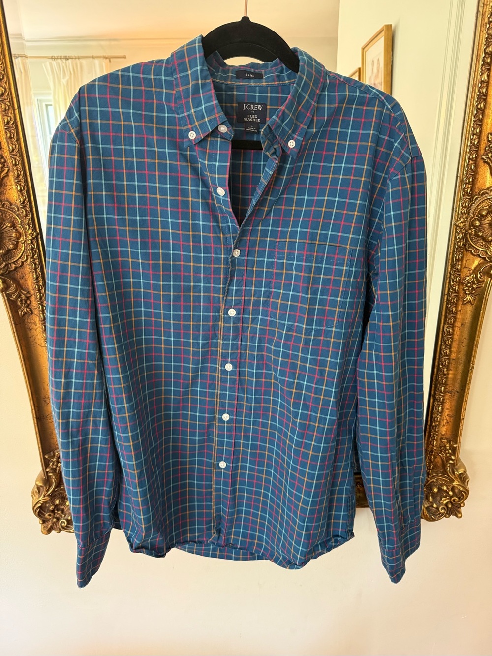 J. Crew Blue Plaid Button-Down Shirt with Red and Yellow Windowpane